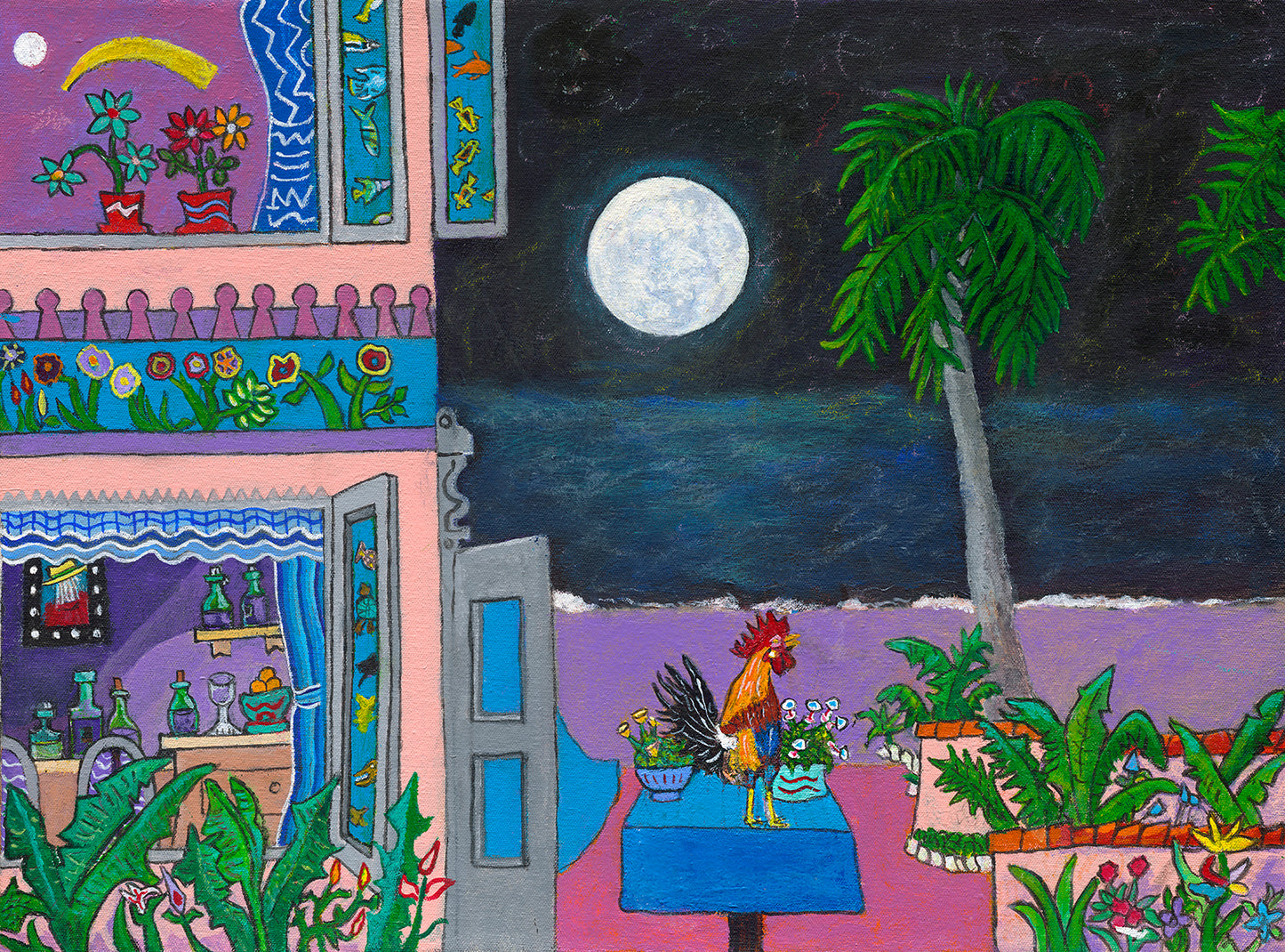Moonlit Patio with Rooster